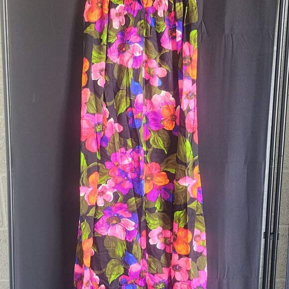 Vtg 70s Floral Maxi Skirt Black Pink Purple Orange Hawaiian Boho Hippie S - Picture 5 of 9